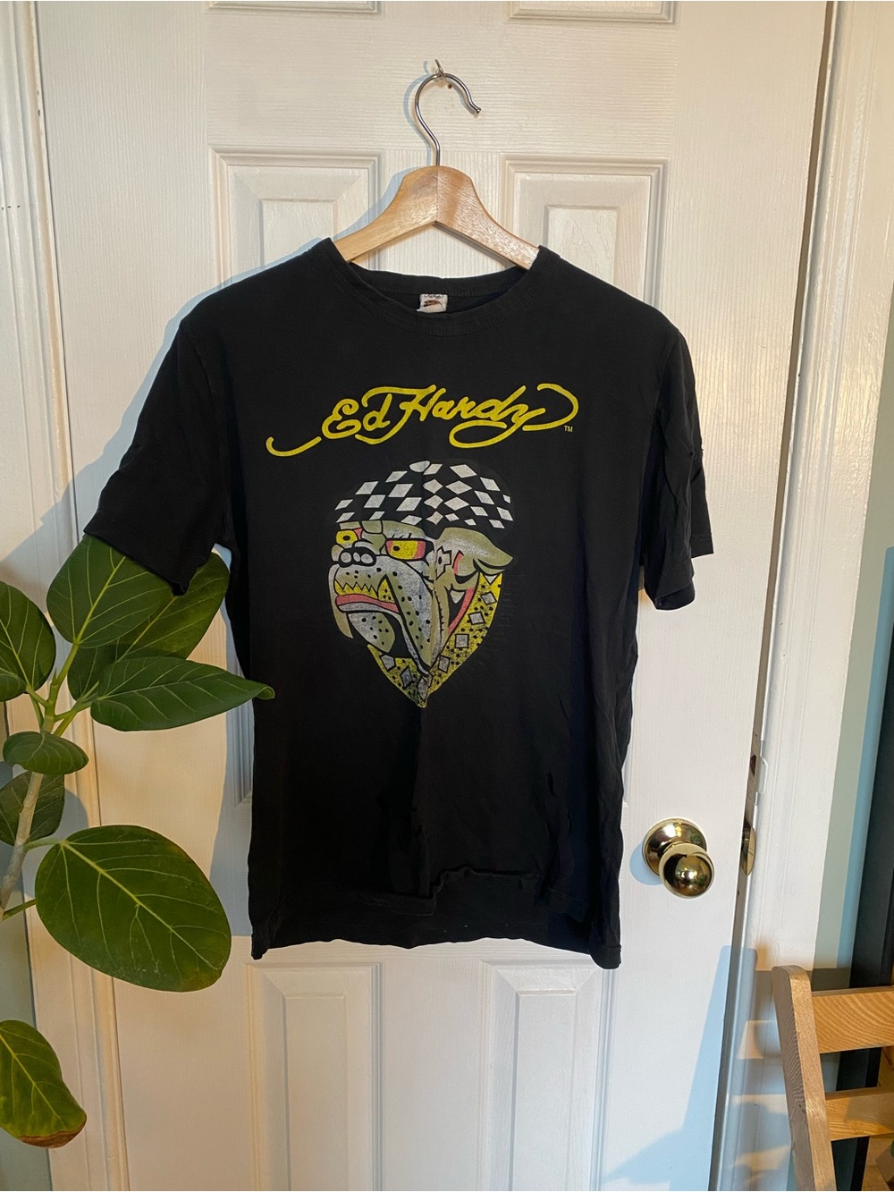 Ed Hardy Black Tee with Yellow Script and Multicolor Heart Graphic